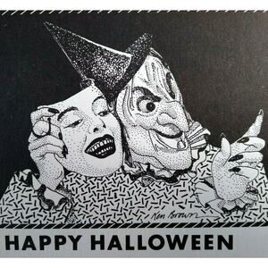 Halloween Postcard Ken Brown Ugly Witch With Human Face Mask Creepy 1987 Modern